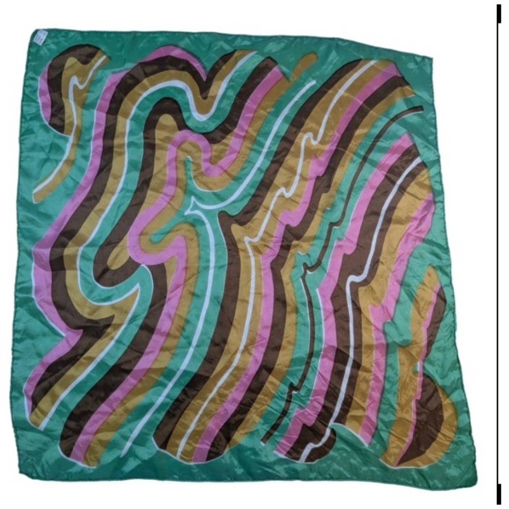 Vintage‎ Silk Square Scarf – Abstract Swirl Green Pink Brown Gold 24"
